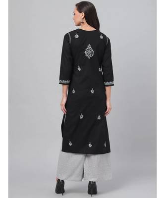 Hand Embroidered Black Cotton Lucknowi Chikan Women Kurta 2
