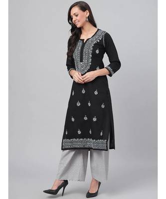 Hand Embroidered Black Cotton Lucknowi Chikan Women Kurta 3