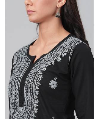 Hand Embroidered Black Cotton Lucknowi Chikan Women Kurta 4