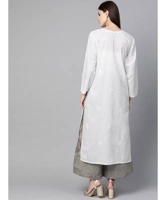 Hand Embroidered White Cotton Lucknow Chikankari Women Kurta With Muqaish Work 2