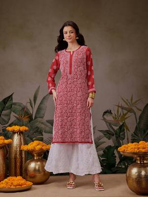 Hand Embroidered Red Faux Georgette Lucknowi Chikankari Women Kurta 1