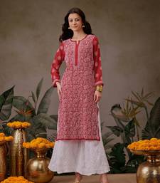Hand Embroidered Red Faux Georgette Lucknowi Chikankari Women Kurta