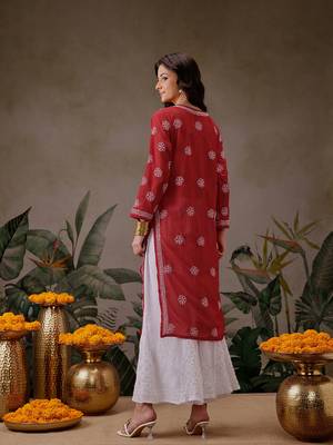 Hand Embroidered Red Faux Georgette Lucknowi Chikankari Women Kurta 2