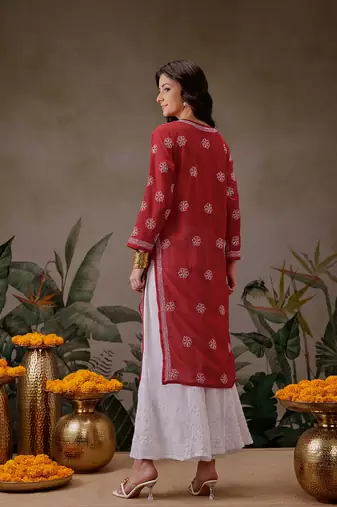 Hand Embroidered Red Faux Georgette Lucknowi Chikankari Women Kurta