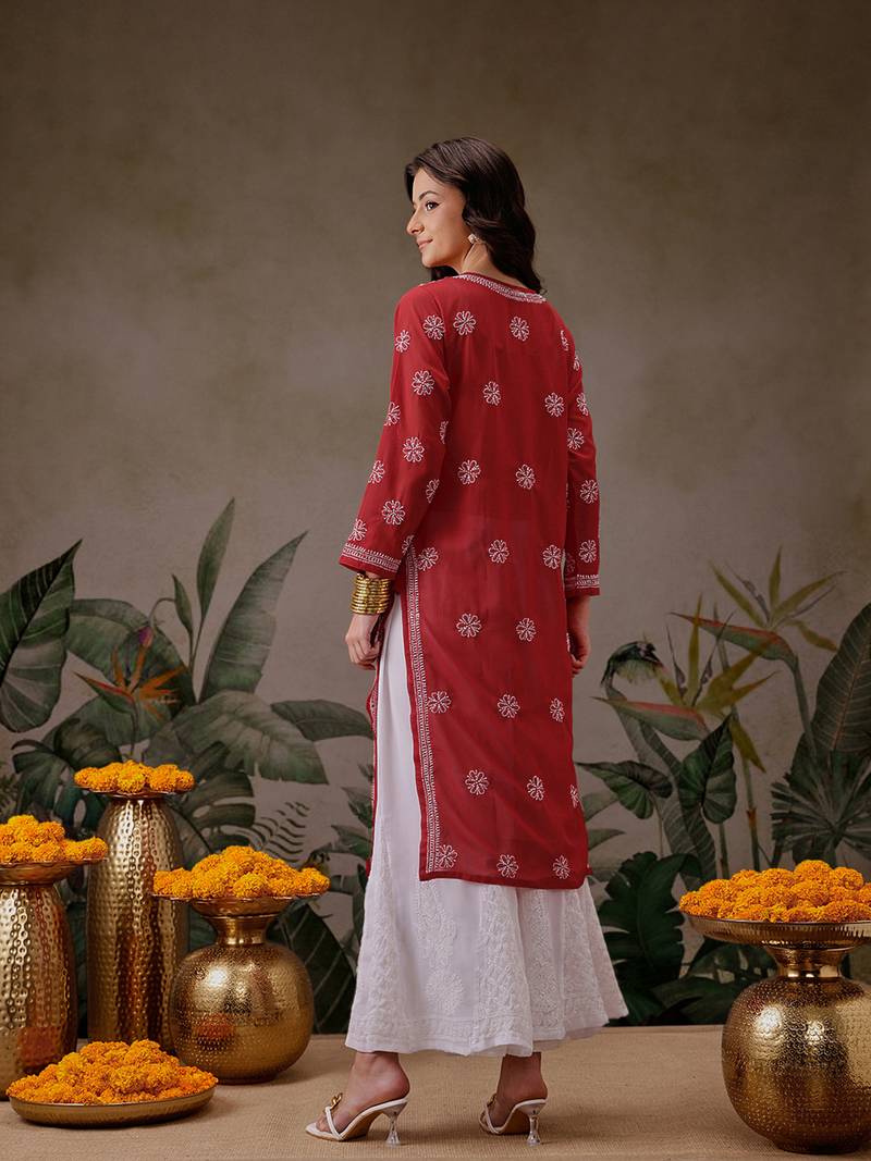 Hand Embroidered Red Faux Georgette Lucknowi Chikankari Women Kurta