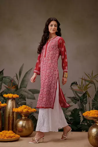 Hand Embroidered Red Faux Georgette Lucknowi Chikankari Women Kurta