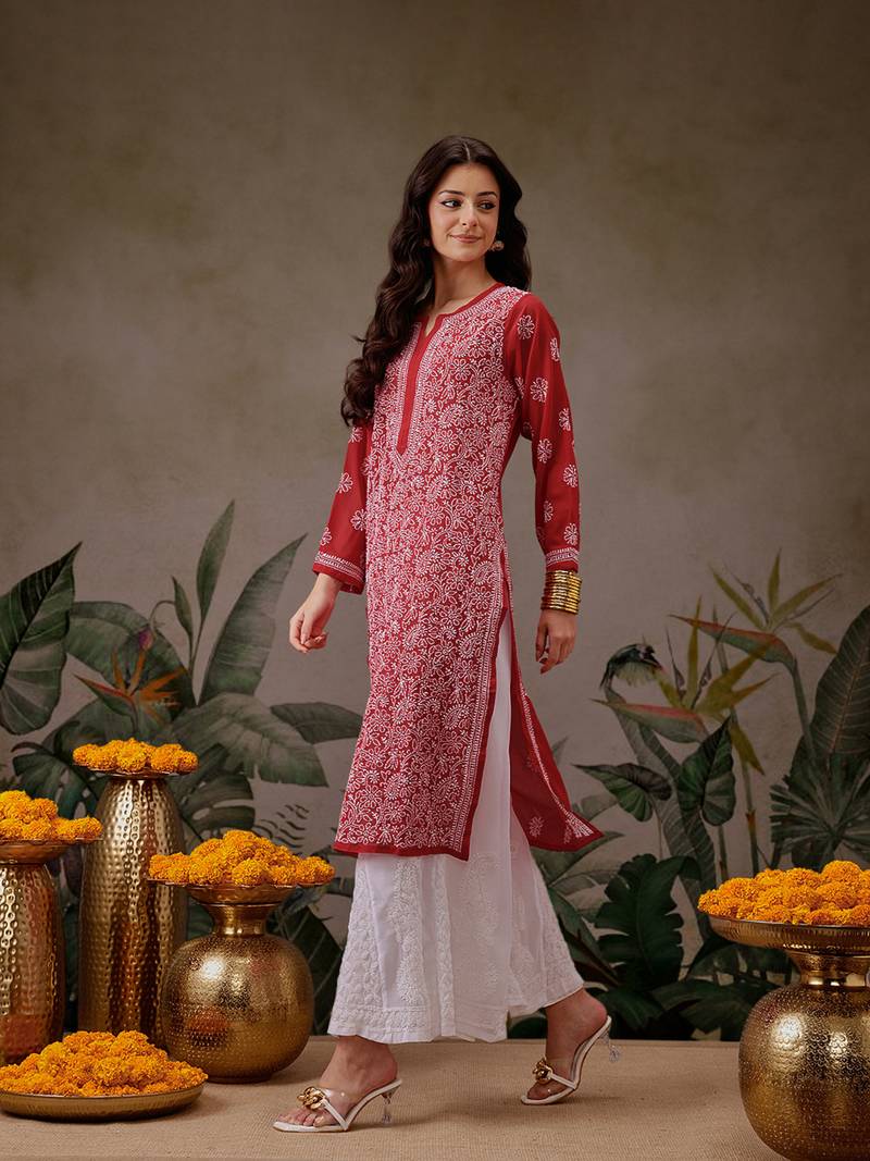 Hand Embroidered Red Faux Georgette Lucknowi Chikankari Women Kurta