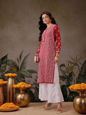 Hand Embroidered Red Faux Georgette Lucknowi Chikankari Women Kurta 4