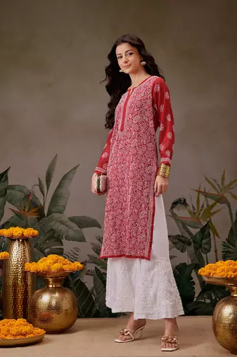 Hand Embroidered Red Faux Georgette Lucknowi Chikankari Women Kurta