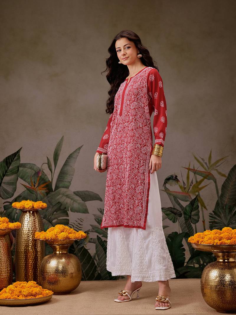 Hand Embroidered Red Faux Georgette Lucknowi Chikankari Women Kurta