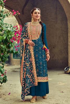 Aqua Blue Plaza Suit Embroidary Work with heavy Dupatta 1
