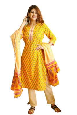 Yellow Cotton Fabric Hand Work Print Kurti Pant Dupptta Set 1