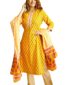 Yellow Cotton Fabric Hand Work Print Kurti Pant Dupptta Set