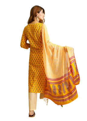 Yellow Cotton Fabric Hand Work Print Kurti Pant Dupptta Set 2