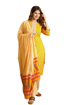 Yellow Cotton Fabric Hand Work Print Kurti Pant Dupptta Set 3