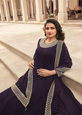Wine Embroidered Georgette Anarkali Suit with Dupatta for Women 2