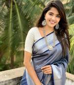 SAREE COMES WITH NAVY BLUE SAREE WITH SILVER ZARI WEAVING & WHITE COLOUR