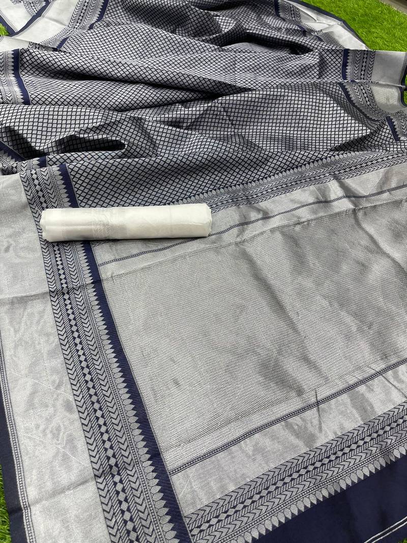 SAREE COMES WITH NAVY BLUE SAREE WITH SILVER ZARI WEAVING & WHITE COLOUR