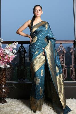 Peacock Blue Khaddi benarasi saree 1