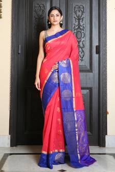 Red Kakinada silk with Blue border
