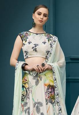 Cream printed silk unstitched lehenga 2