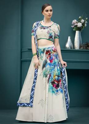 Cream printed silk unstitched lehenga 1