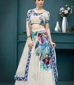 Cream printed silk unstitched lehenga