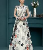 Cream printed silk unstitched lehenga