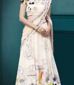 Cream printed silk unstitched lehenga