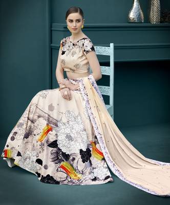 Cream printed silk unstitched lehenga 2