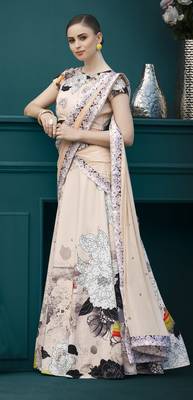 Cream printed silk unstitched lehenga 3