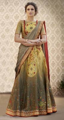 Mustard printed silk unstitched lehenga 1