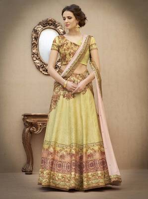 Beige printed silk unstitched lehenga 1