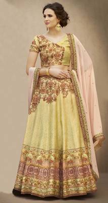 Beige printed silk unstitched lehenga 2