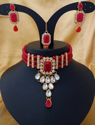 Designer Red Kundan Pearl Choker   pc Full Jewellery set 1