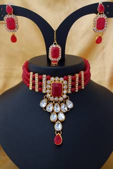 Designer Red Kundan Pearl Choker   pc Full Jewellery set