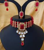 Designer Red Kundan Pearl Choker   pc Full Jewellery set