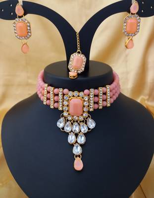 Designer Peech Kundan Pearl Choker   pc Full Jewellery set 1