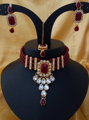 Designer Maroon Kundan Pearl Choker   pc Full Jewellery set 1