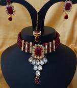 Designer Maroon Kundan Pearl Choker   pc Full Jewellery set