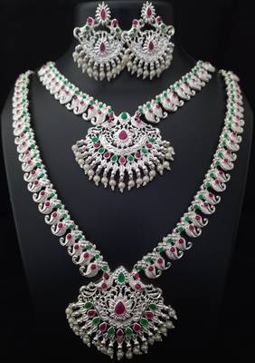 Pink Green CZ Pearl Silver Oxidized Full Combo Jewellery set 1
