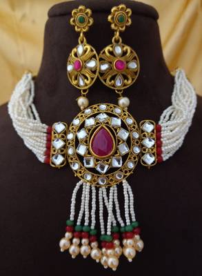 Ruby Pink Real Kundan Pearl Choker Jewellery set 1