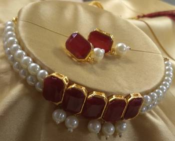 Maroon CZ Pearl Choker Jewellery Set 1