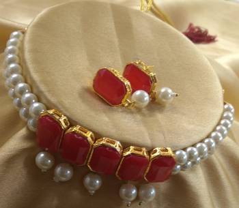 Red CZ Pearl Choker Jewellery Set 1