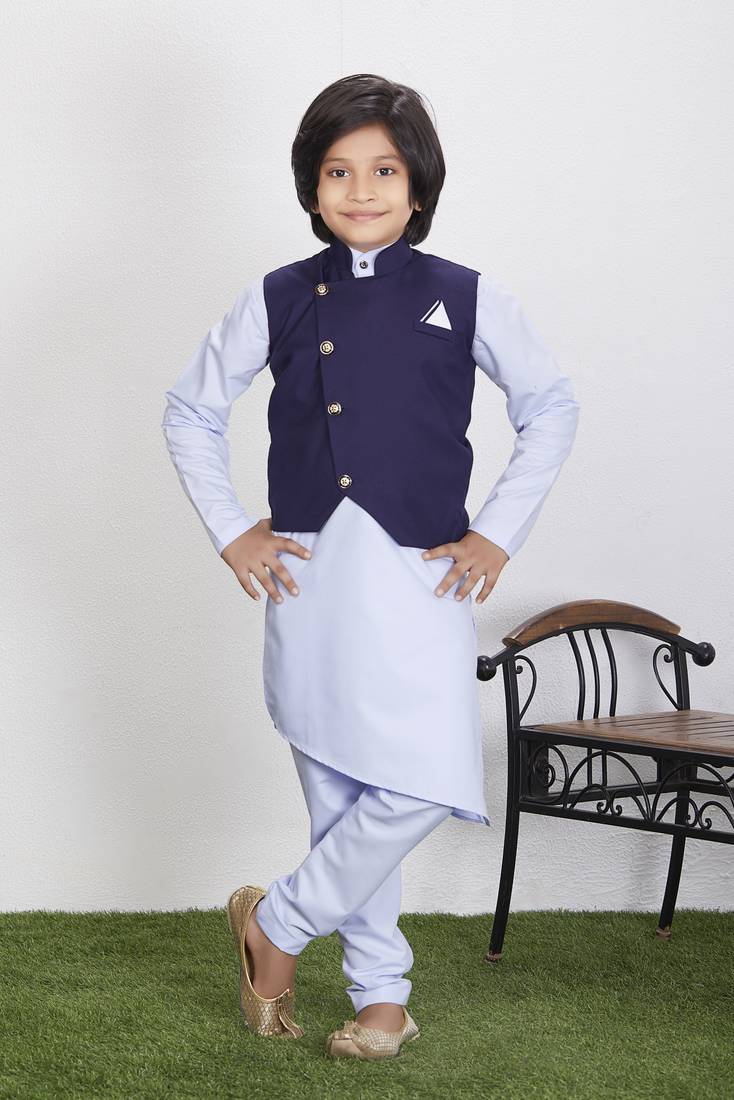 Boy's Silk Cotton Kurta Pyjama and Waistcoat Set