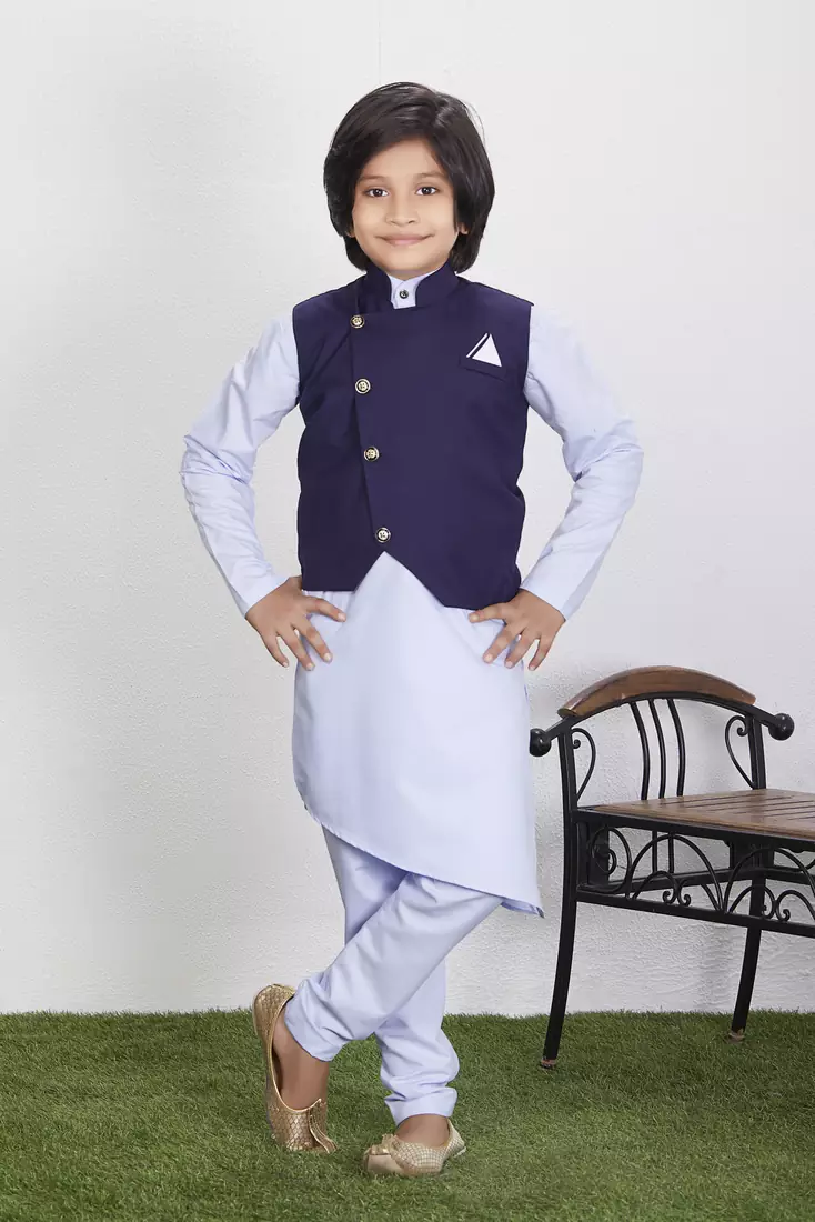 Boy's Silk Cotton Kurta Pyjama and Waistcoat Set