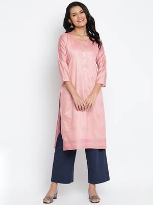 Peach Chanderi Silk Embroidered Semi-Stitched Kurti 1