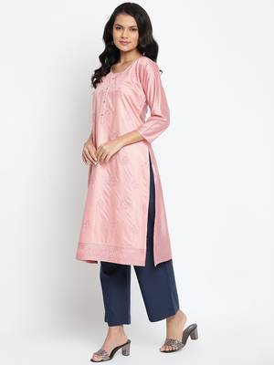 Peach Chanderi Silk Embroidered Semi-Stitched Kurti 3