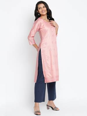 Peach Chanderi Silk Embroidered Semi-Stitched Kurti 4