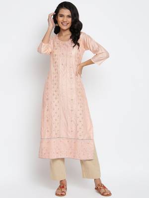 Peach Chanderi Silk Embroidered Semi-Stitched Kurti 1